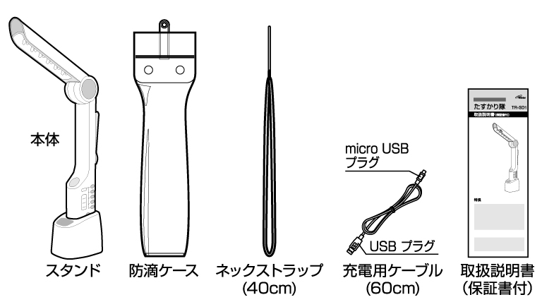 マルチライティングラジオ「たすかり隊」TR-SD1の同梱品